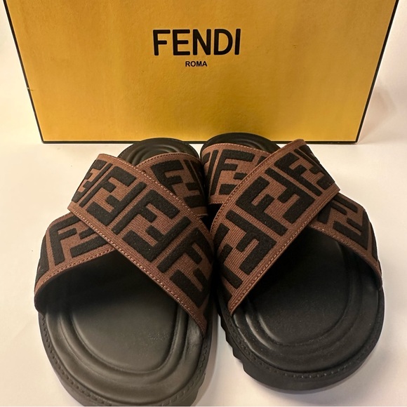 Fendi Men's Black and Brown Logo Slide Sandals - Picture 5 of 7